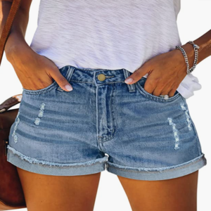 KISSMODA Womens Denim Shorts Rolled Hem Hot High Waisted Ripped Pants Shorts