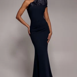 One Shoulder Organza Frill Pleated Mermaid Maxi Dress – Navy Blue by Goddiva