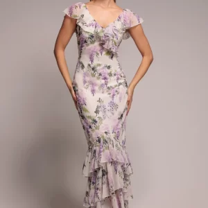 Printed Ruffle Neck & Hem Dress - By Goddiva