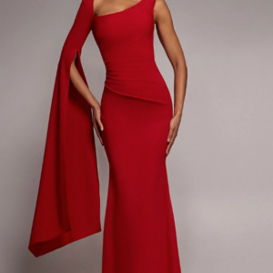 One Shoulder Cape Sleeve Maxi Dress - Red by Goddiva - DR5041