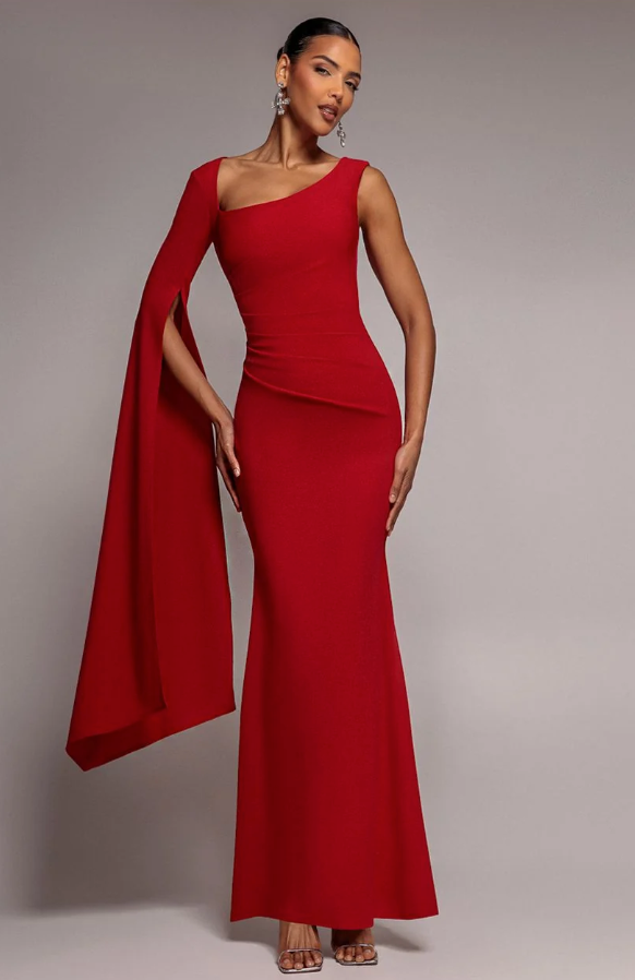 One Shoulder Cape Sleeve Maxi Dress - Red by Goddiva - DR5041